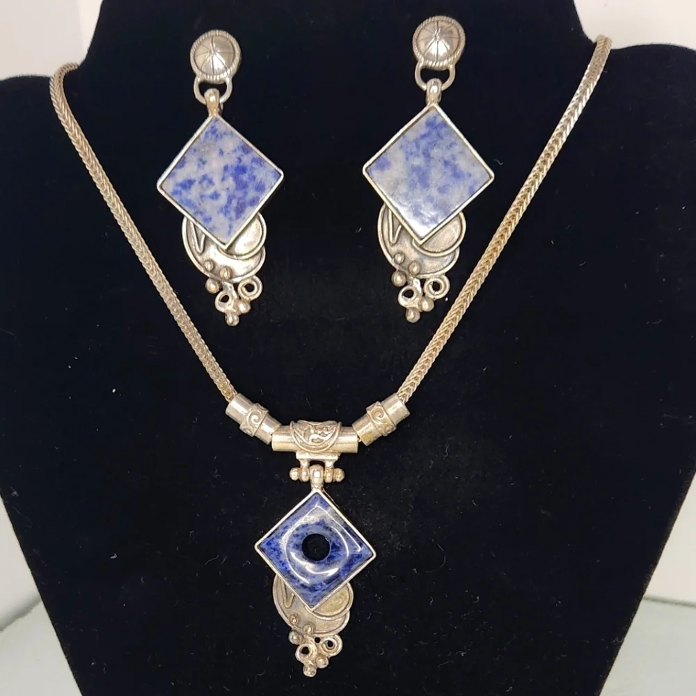 Stamped vintage 925 silver/Sodalite tile modern design handcrafted earrings - Picture 1 of 5